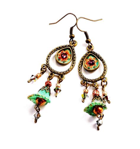 Boho Flower Dangle Earrings Hand Painted Hippie Bohemian Jewelry Free