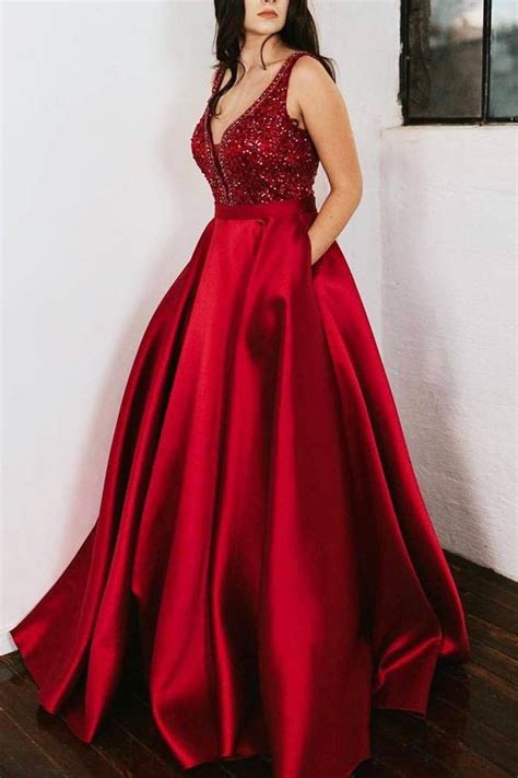 V Back Beaded Floor Length Red Prom Dress With Pockets Top Prom