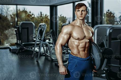 Sexy Muscular Man Posing In Gym Shaped Abdominal Strong Male Naked Torso Abs Working Out