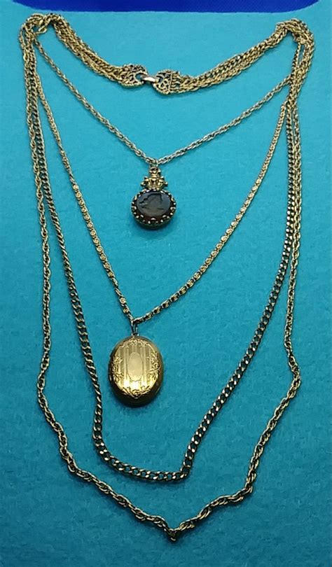 Vintage Goldette Necklace 4 Strands With Intaglio Cameo And Locket