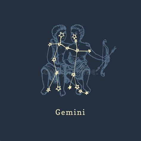 Zodiac Constellation Of Gemini In Engraving Style Vector Retro Graphic
