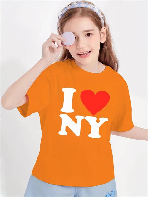 Print Crew Neck T Shirt Girl S I Love Ny Short Sleeve Tee Temu