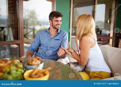 Couple In Love Sitting At The Table Stock Image Image Of Fruit Food