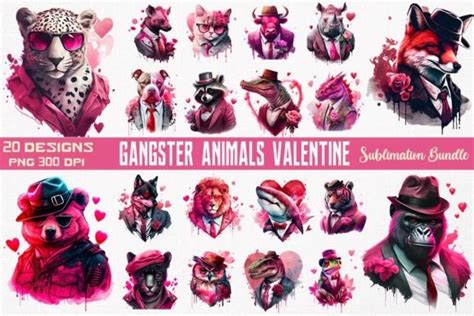 Gangster Animals Valentines Day Bundle Graphic By Camellia Art