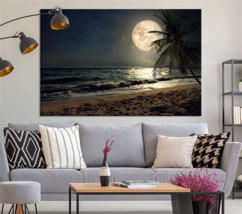 Full Moon Over Beach Canvas Art Full Moon Wall Art Tropical Etsy