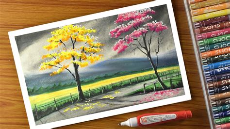 Landscape Drawing With Oil Pastel Nature Trees Cherry Blossom