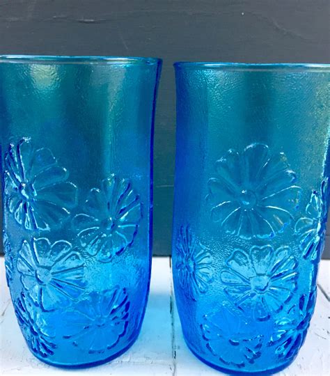 Vintage Blue Drinking Glasses, Vintage Glassware, Mid Century Drinking Glasses, Retro Drinking 