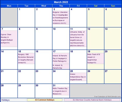 March 2022 Eu Calendar With Holidays For Printing Image Format