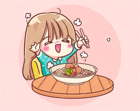 Premium Vector Happy Cute Girl Eating Noodle Cartoon Art Illustration Premium Vector