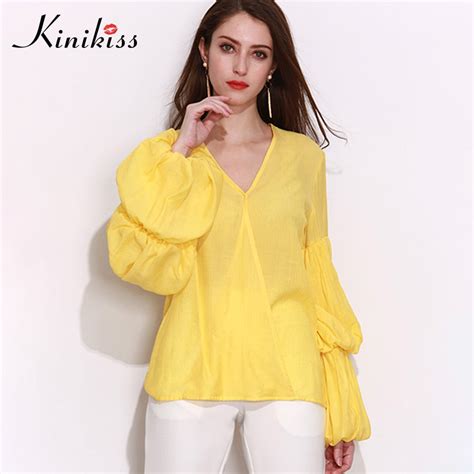 Plus Size Yellow Blouse Shirts Women Patchwork Long Lantern Sleeve