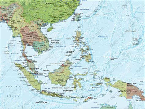 Digital Political Map South East Asia With Relief 1313 The World Of