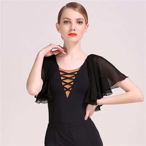 New Women Ballroom Latin Dance Top Chiffon Sleeve Leotard Professional Performance Wear Modern