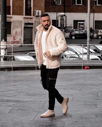 Edgier outfits like leather jackets also pair well with chelsea boots for women. Men's Beige Fleece Bomber Jacket, White Crew-neck Sweater ...
