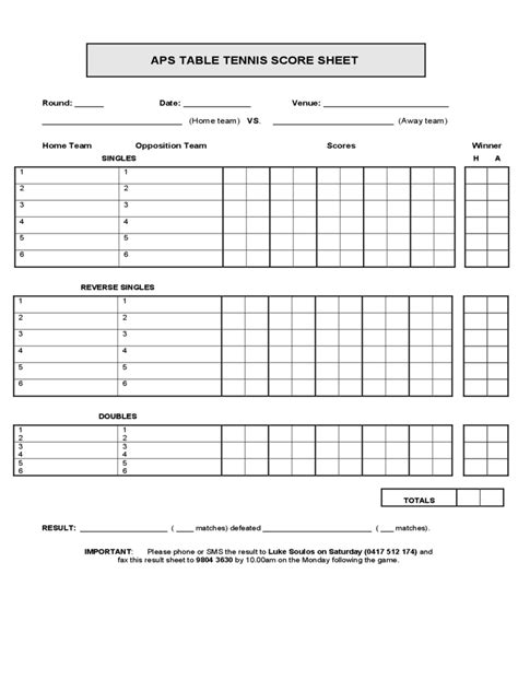 Table Tennis Tournament Score Sheet
