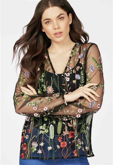 Sheer Floral Embroidered Top In Black Multi Get Great Deals At Justfab