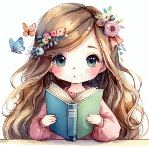 Watercolor Illustration Of A Cute Girl Reading A Book With Flowers