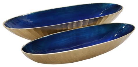 Dual Tone Oval Metal Bowl With Hammered Exterior Set Of 2 Gold And