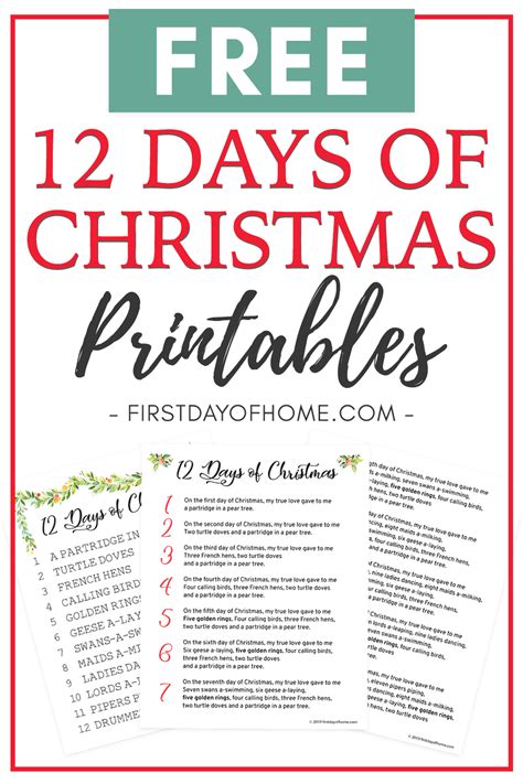 Beautiful 12 Days Of Christmas Lyrics Printable Free Download