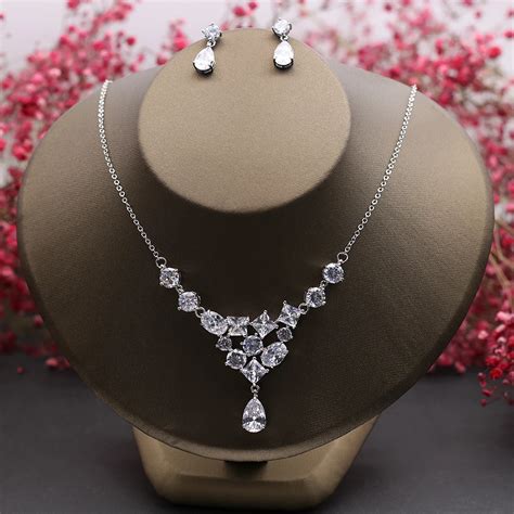 Aaa Cubic Zirconia Jewelry Sets For Wedding Bridal Zircon Stone Necklace Pendant With Dangle