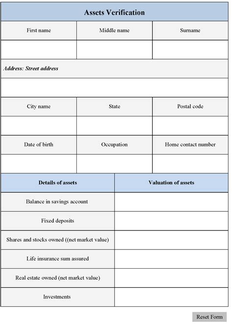 Assets Verification Form Editable Forms