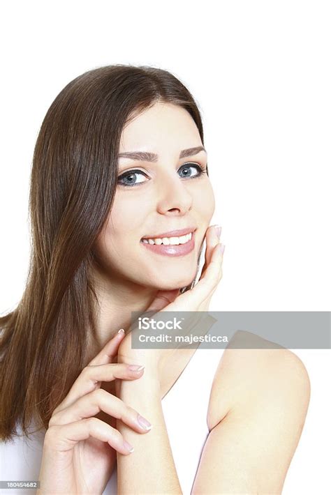 Beautiful Smiling Young Woman Stroking Her Clean Beauty Face Stock