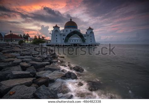 Magnificent Sunrise Strait Mosque Malacca Stock Photo 486482338