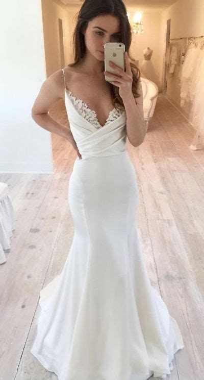 White Spaghetti Straps Satin Wedding Dress Pleat Lace Mermaid Wedding