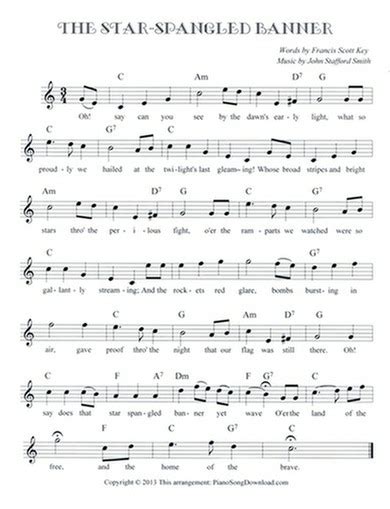 Free printable pdf score and midi track. The Star Spangled Banner: free lead sheet with melody, chords and lyrics
