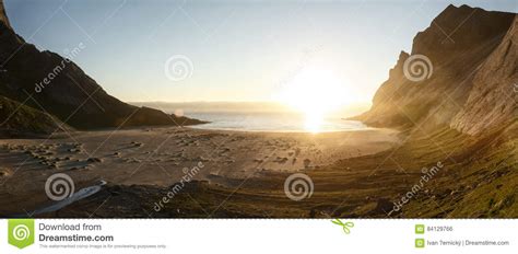 Arctic Landscape Sunset At Bunes Beach Lofoten Islands Stock Photo
