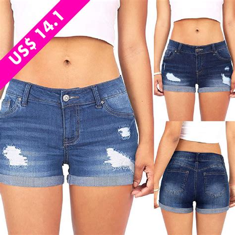 Women Low Waisted Washed Ripped Shorts High Waisted Denim Jeans Jeans