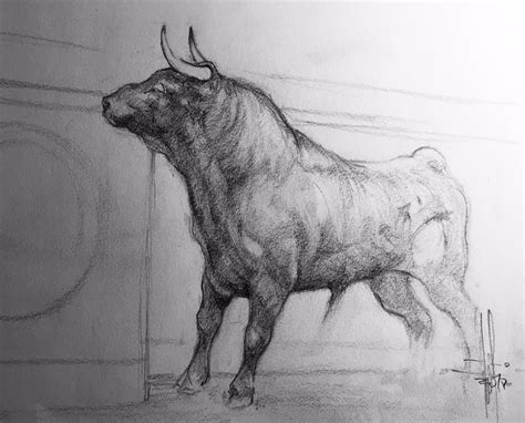 A Pencil Drawing Of A Bull Standing In A Room Next To A Wall And Door