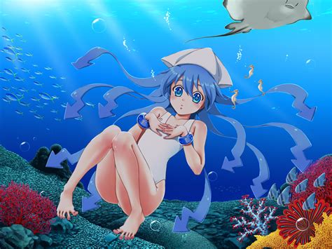 Blue Hair Blue Eyes Knees Together Legs Barefoot Shinryaku Ika Musume Anime Girls Ika