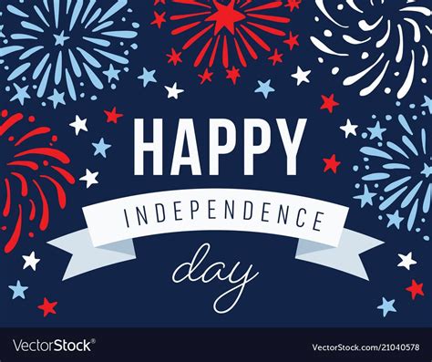 Happy Independence Day Greeting Card With Fireworks And Stars On Dark