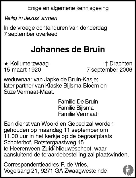 Johannes De Bruin Overlijdensbericht En Condoleances