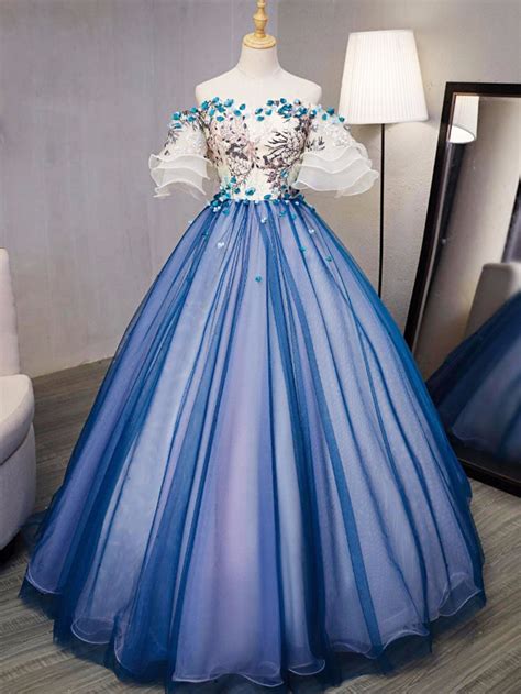 Ball Gown Prom Dresses Royal Blue And Ivory Hand Made Flower Prom Dres