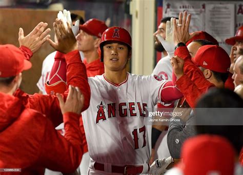 Shohei Ohtani Of The Los Angeles Angels Of Anaheim Gets High Fives In