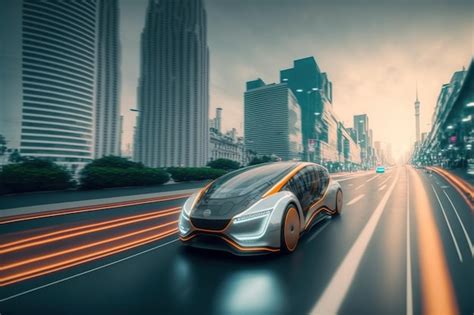 Premium Photo Fast Electric Car With Futuristic Autonomous Sensor Software Driving On Road