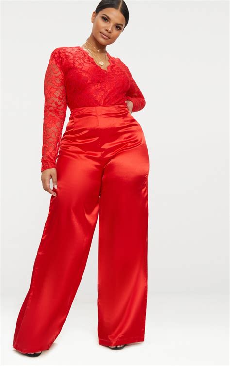 Plus Red Plunge Lace Bodysuit Plus Size Prettylittlething Qa