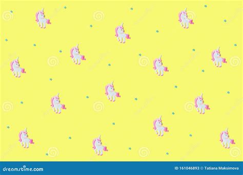 Blue Stars And Pink Unicorns On Yellow Backdrop Stock Image Image Of