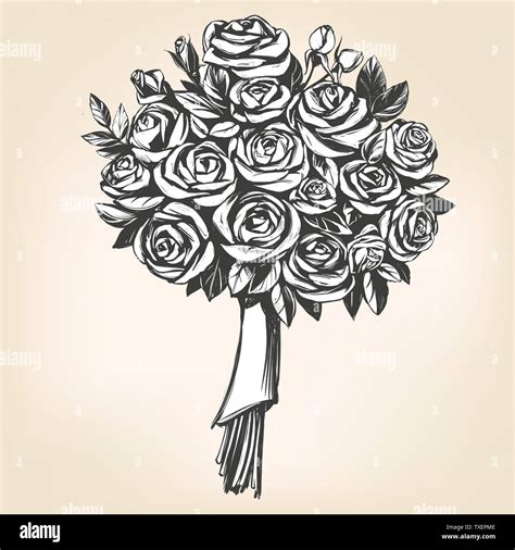 Bouquet Of Roses Greeting Card Hand Drawn Vector Illustration