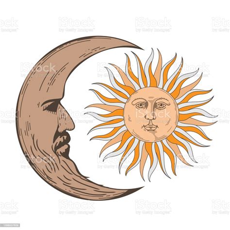 Boho Crescent Moon Sun Retro Design Hand Drawn Stok Vektör Sanatı