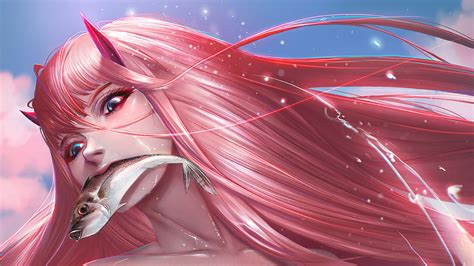 Darling In The Franxx Pink Hair Zero Two Having Fish On Mouth With