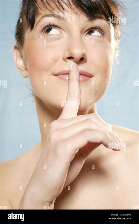 Woman Young Gesture Index Fingers Mouth Portrait Stock Photo Alamy