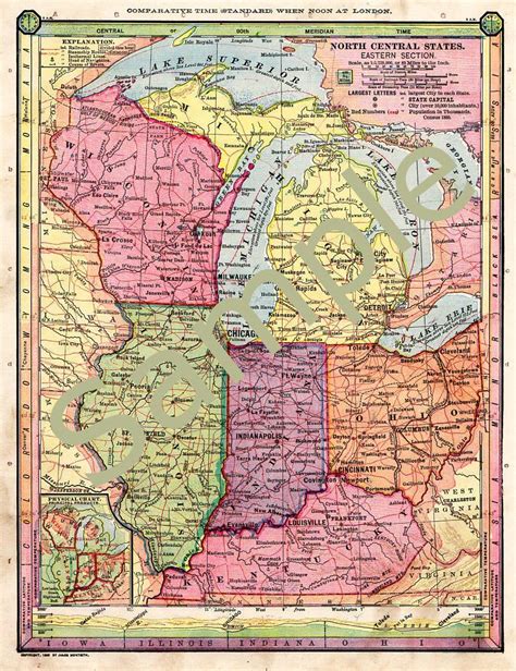 Printable Antique 1885 Color Map Of Wisconsin Michigan Illinois Indiana