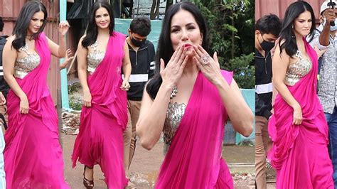 H T Sunny Leone Looking Ravishing In Pink Saree Flaunting Her EXY Figure Snapped Shoot