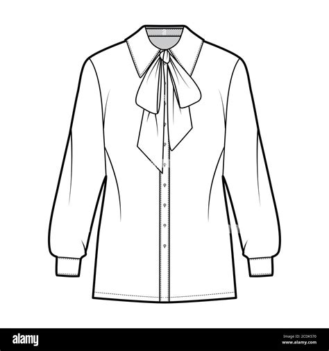 pussy bow shirt technical fashion illustration with long sleeves with cuff relax fit front