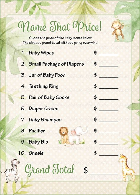 Name That Price Game Printable Download Safari Baby Shower Game