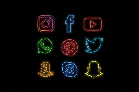 Neon Social Media Icons Pre Designed Illustrator Graphics ~ Creative