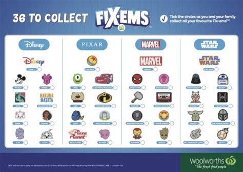 Woolworths Fix Ems Collectables Disney Pixar Marvel Star Wars Stickers