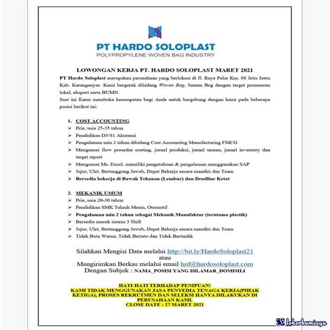 Lokercirebon.info adalah salah satu media info loker cirebon, loker kuningan, loker indramayu, loker majalengka terupdate dan terpercaya di wilayah 3 cirebon. Lowongan Kerja PT Hardo Soloplast Maret 2021